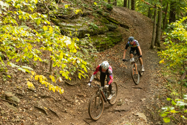 Two mountain bikers navigate a rocky trail surrounded by autumn foliage. The trail winds through a wooded area, with vibrant yellow and green leaves, indicating a late-season ride. One rider is leaning forward on their bike, while the other is slightly behind, both wearing helmets and colorful cycling attire.