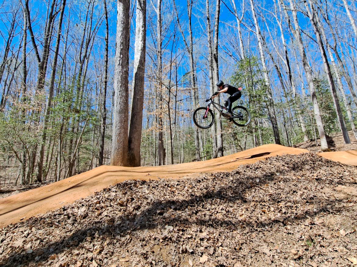 A person jumps a mountain bike off a dirt ramp in a wooded area, surrounded by tall trees and a clear blue sky. The ground is covered in fallen leaves, and the rider is wearing a helmet and casual clothing.