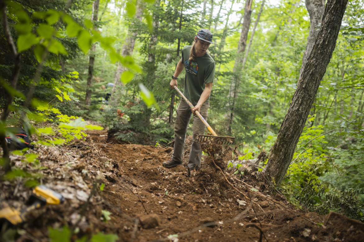 A person using a rake to clear and level a dirt path in a wooded area, surrounded by greenery and trees.