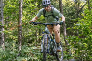 A mountain biker navigating a rocky trail in a lush forest, wearing a helmet and riding a blue mountain bike. Sunlight filters through the trees, illuminating the greenery and the rider's focused expression. Moosalamoo Mountain Loop mountain bike trail.