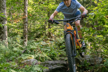 A person riding a mountain bike over rocks in a lush, green forest, wearing a helmet and riding gear, with trees and ferns surrounding the trail. Moosalamoo Mountain Loop mountain bike trail.