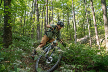 A mountain biker navigating a narrow, winding trail through a lush forest. The rider, wearing a helmet and gloves, leans into a turn as the bike's front wheel encounters foliage, surrounded by tall trees and greenery. Moosalamoo Mountain Loop mountain bike trail.