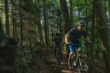 Two mountain bikers riding on a narrow dirt trail through a dense forest. The scene is surrounded by tall trees and lush green foliage, with sunlight filtering through the canopy. The trail is lined with fallen leaves, and the bikers are wearing helmets and outdoor gear as they navigate the terrain. Mt. Peg mountain bike trail.