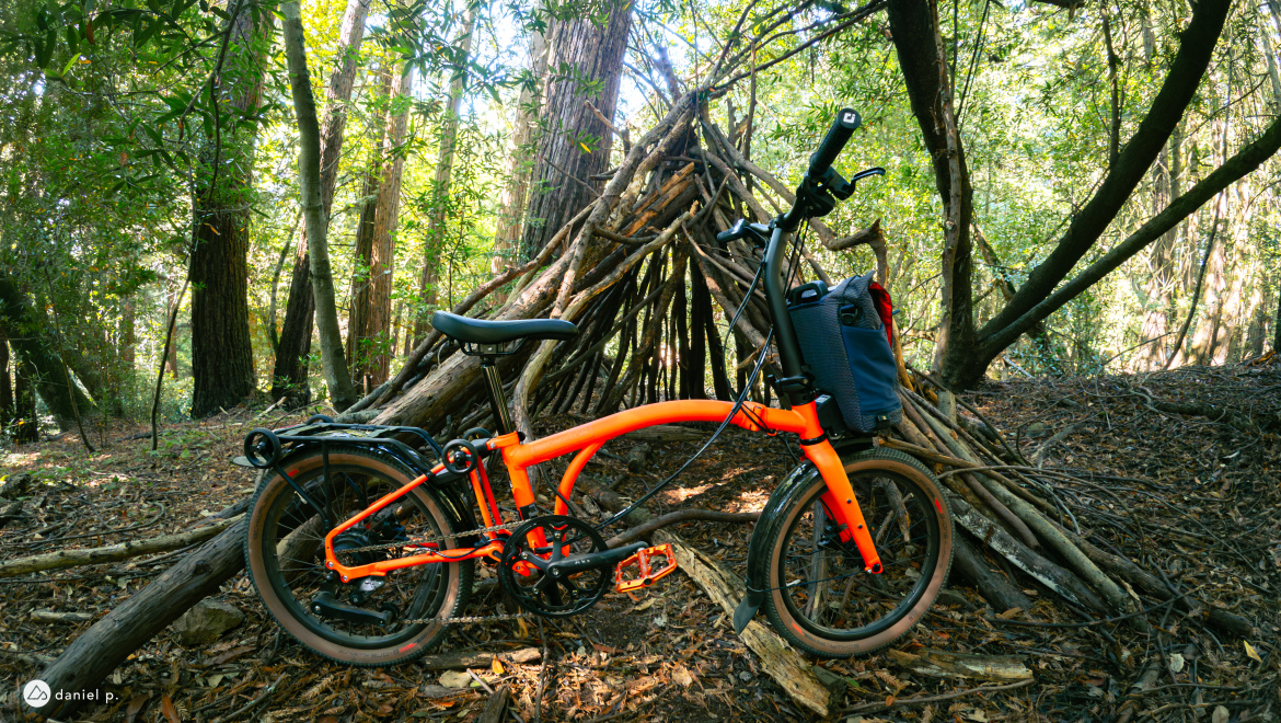 A brightly colored orange folding bike leaning against a structure made of branches and twigs in a lush, green forest with tall trees and dappled sunlight filtering through the leaves.