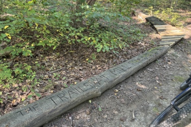 Wooden trail marker carved with the words "The Trail" along a winding forest path, surrounded by green foliage and ground cover. A bicycle is partially visible on the right side of the image.