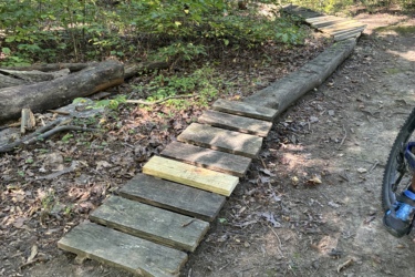 A winding wooden plank pathway laid across a dirt trail in a forested area, surrounded by trees and greenery. The path is composed of several wooden boards of varying sizes, with some logs and leaves scattered on the ground nearby. The sunlight filters through the leaves, creating a dappled effect on the ground. A bicycle partially visible in the lower right corner suggests a recreational use of the trail. Mill Pond mountain bike trail.