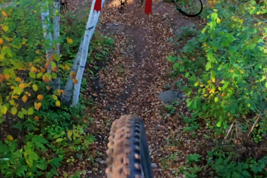 A view from the front of a mountain bike, showcasing a rocky trail descending into a vibrant forest with trees and foliage in autumn colors. The image features the logo "Dr. Diablo" in red and black at the top, and a smaller "Spoke One" logo at the bottom right corner. Piedmont mountain bike trail.