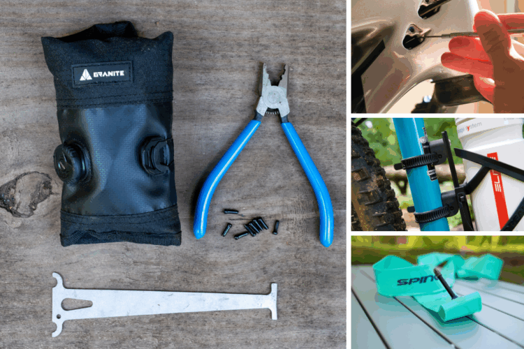 A collection of bicycle tools and accessories displayed on a wooden surface. The image includes a black tool roll with the "Granite" logo, a pair of blue-handled pliers, several small black screws, and a metal tool with a specific shape. Surrounding this central arrangement are three smaller images showing a hand working on a bike, a close-up of a bike's frame with a bottle holder, and a pair of green accessories labeled "Spin."