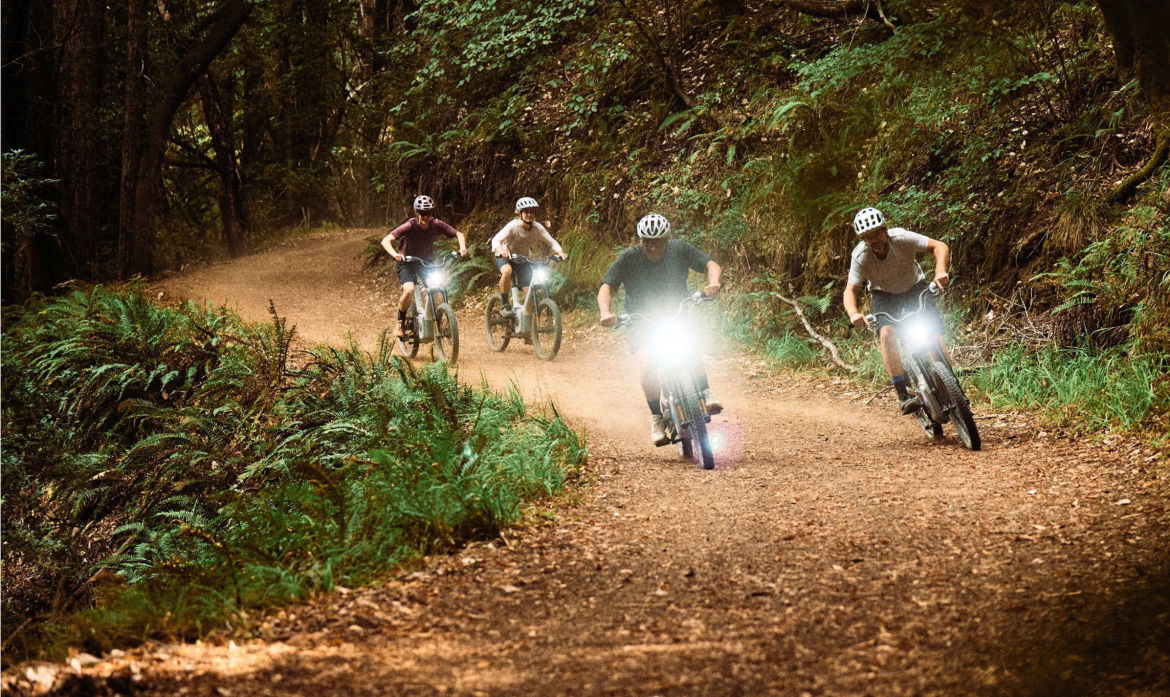 A group of four mountain bikers riding on a dirt trail surrounded by lush greenery and trees. The cyclists are wearing helmets and using bike lights, indicating they are riding in low-light conditions. The trail twists through the forest, with ferns lining the path.