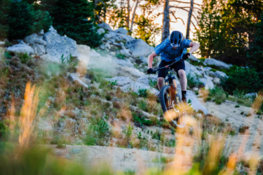 A mountain biker performing a jump on a downhill trail surrounded by rocky terrain and trees. The athlete is wearing a helmet and riding a bike with thick tires, showcasing an action-packed moment in nature. The background features a mix of grass and shrubs, with evening light filtering through the trees. Anthony Lakes Mountain Resort mountain bike trail.
