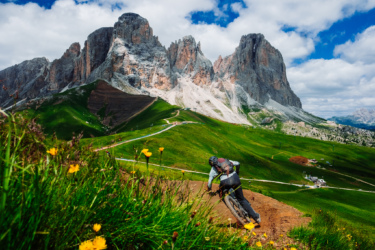 A mountain biker navigating a dirt trail in a lush green landscape, surrounded by towering rocky peaks under a partly cloudy sky. Wildflowers add pops of color to the foreground, creating a vibrant contrast against the dramatic backdrop of the Dolomites.