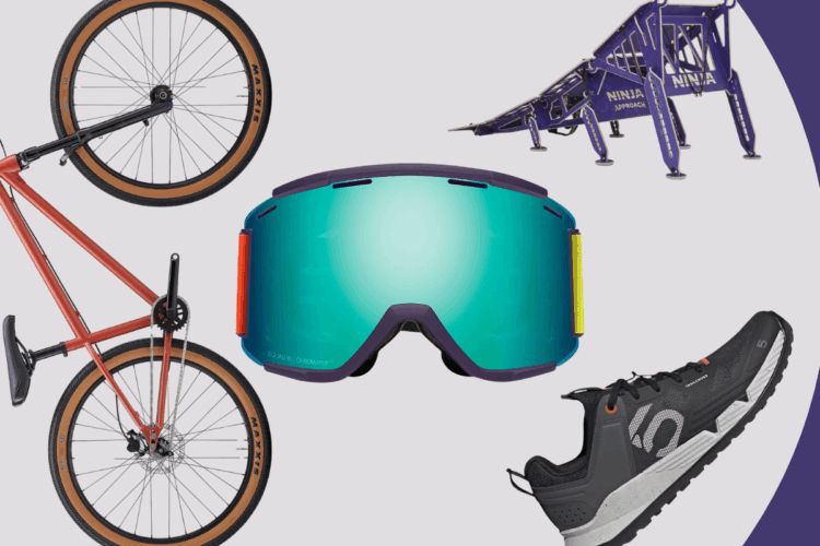 A vibrant collage featuring a stylish red bike, a pair of colorful ski goggles with a reflective lens, a purple training obstacle for ninja courses, and a sleek black athletic shoe, all set against a light background.