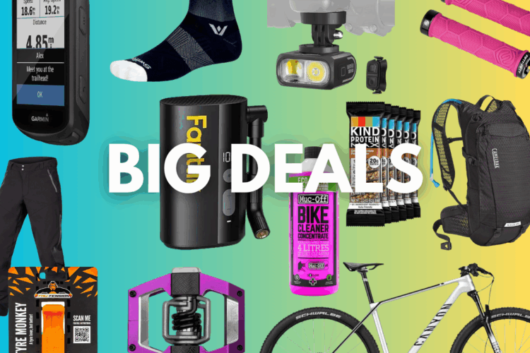 Image of various outdoor and cycling products including a Garmin device, sports socks, bike cleaner, a hydration pack, protein snacks, and bike pedals on a colorful background. The text "BIG DEALS" is prominently displayed in the center.