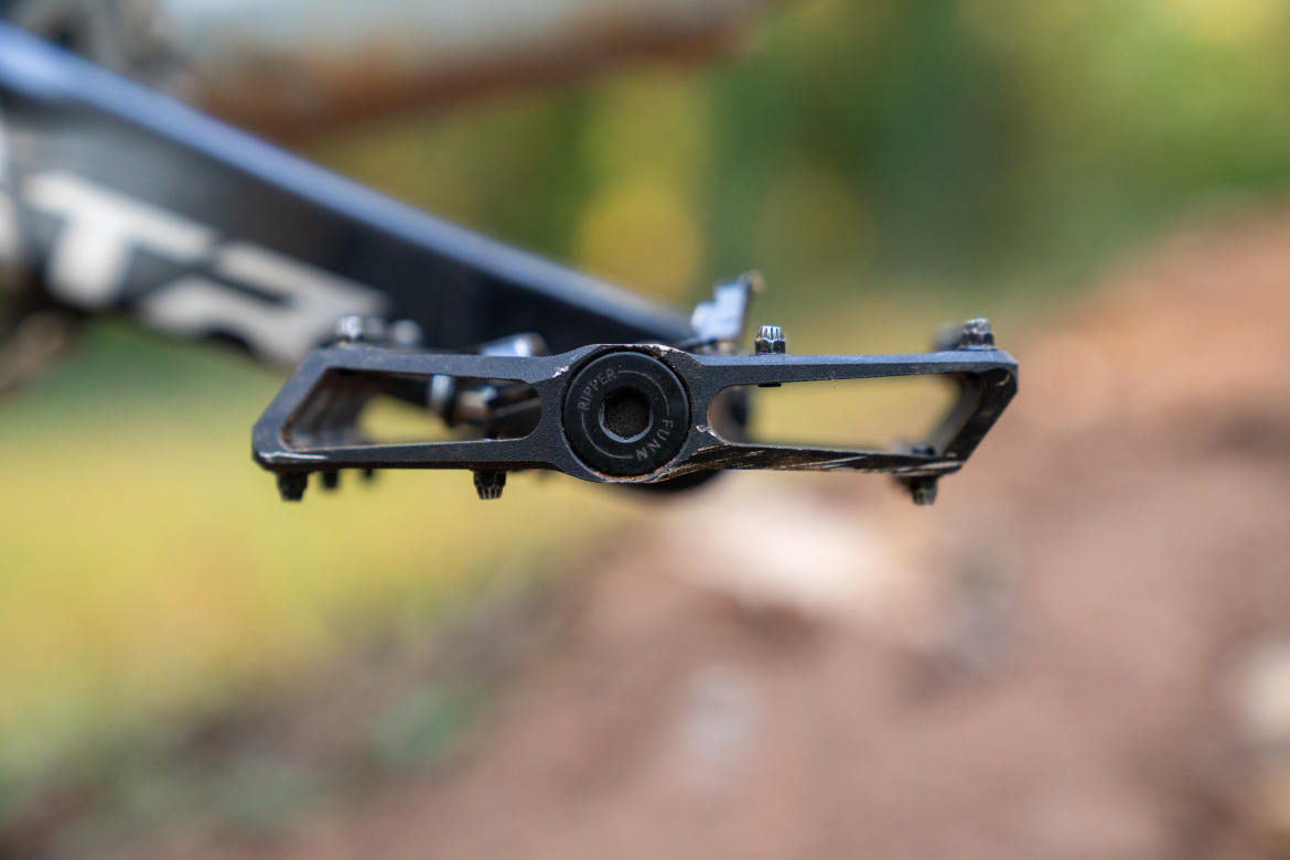 Close-up view of a bicycle pedal mounted on a bike frame, with a blurred background featuring natural elements. The pedal is black, showcasing its design and grip studs, while the sunlight creates a soft bokeh effect around it.