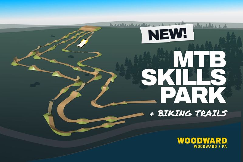Illustration of a new Mountain Bike (MTB) Skills Park layout, featuring various biking trails and skill features, set in a scenic landscape with trees and rolling hills. The design highlights different trail paths and elements for riders, with text indicating the park's name and location at Woodward, PA.