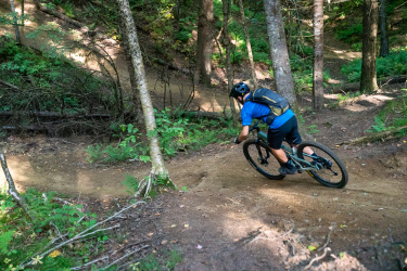 A mountain biker in a blue shirt and helmet navigates a winding dirt trail surrounded by trees and greenery, showcasing an active outdoor scene. Sidewinder mountain bike trail.