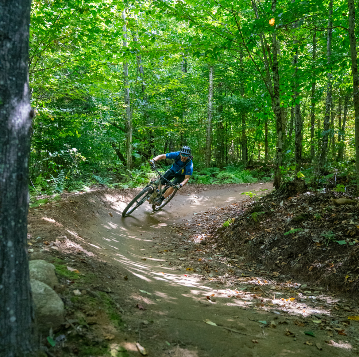A cyclist in a blue shirt and helmet is leaning into a sharp turn on a mountain bike trail surrounded by lush green trees. The path is dirt, with some rocky areas and leaves scattered on the ground, indicating a vibrant forest environment.