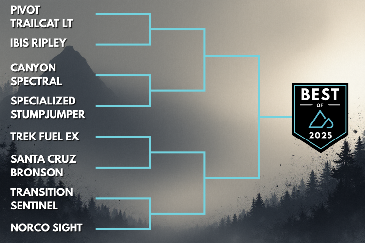Bracket featuring mountain bike models for "Best of 2025" competition, including entries like Pivot Trailcat LT, Ibis Ripley, and Canyon Spectral, against a misty mountain backdrop.