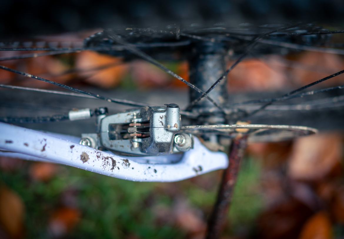 Close-up view of a bicycle's chain and rear derailleur, showcasing dirt and debris on the components. The background features out-of-focus autumn leaves, indicating an outdoor setting.