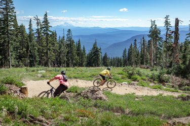 Two mountain bikers navigate a dirt trail through a forested landscape with tall pine trees. The scene shows a wide view of distant mountains under a bright blue sky with scattered clouds. The biker in the foreground is wearing a pink shirt, while the one in the background is in a yellow shirt, both equipped with helmets. The terrain is lush with greenery and features a mound of earth along the trail. Timberline Bike Park mountain bike trail.