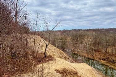 A sandy hillside with sparse vegetation, overlooking a calm river. The scene is set under a cloudy sky, with leafless trees scattered in the background and earthy tones dominating the landscape. Union station back woods mountain bike trail.
