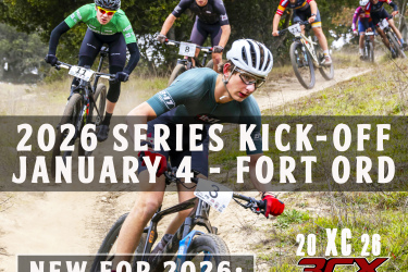 A group of mountain bikers racing on a dirt trail, with one rider in the foreground focusing intently on the course. The image features promotional text overlay announcing the 2026 series kick-off event on January 4 at Fort Ord, with details about new team competition options and race pack availability.