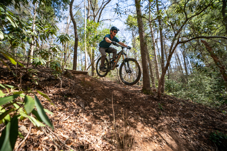 A mountain biker in a helmet jumps off a dirt slope in a forested area, surrounded by trees and greenery.