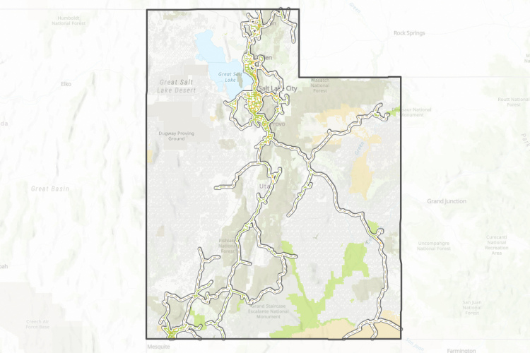 A detailed map of Utah, highlighting various geographic features including urban areas, forests, and terrain contours. Notable locations such as Great Salt Lake and several national forests are marked. The map includes streets and trails, with a focus on both populated regions and natural landscapes.