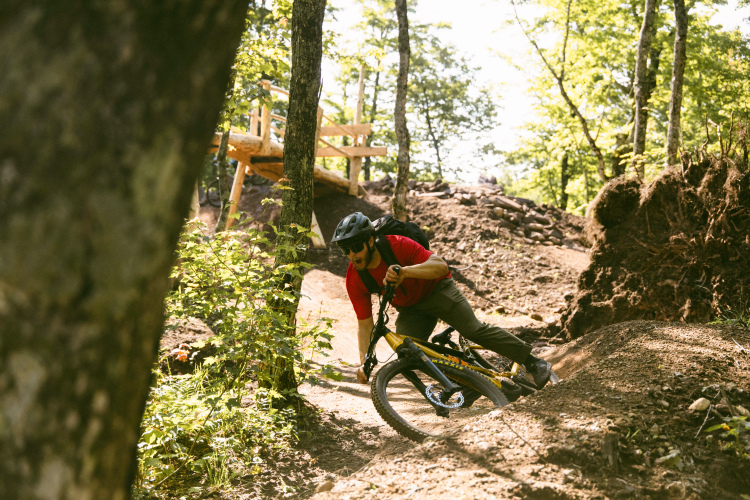 A mountain biker in a red shirt and black helmet leans into a turn on a dirt trail surrounded by trees. Sunlight filters through the leaves, illuminating the path and nearby wooden structure in the background. The rider appears focused and in motion, emphasizing the excitement of outdoor biking.