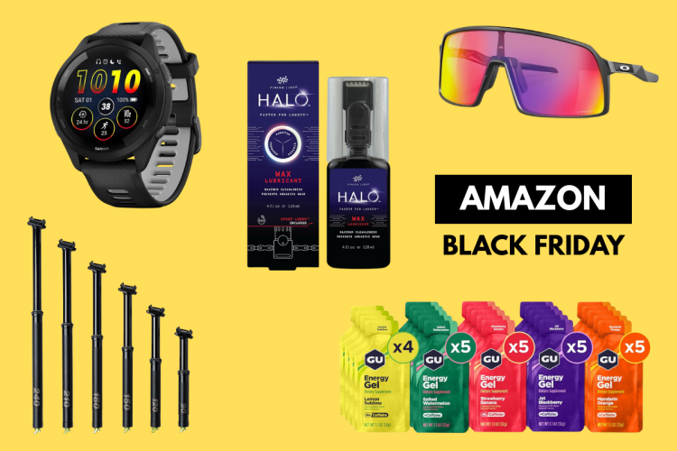 A vibrant yellow background featuring a Garmin smartwatch displaying fitness metrics, a bottle of Halo wax lubricant for bike maintenance, a pair of sporty sunglasses, and a variety of GU energy gels in multiple flavors, all highlighted with "Amazon Black Friday" text.