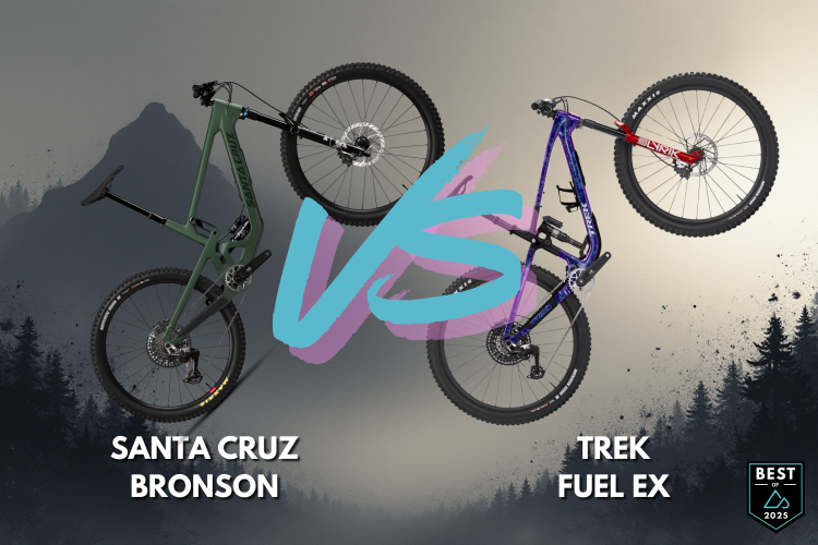Two mountain bikes are displayed prominently against a gradient background featuring mountain silhouettes. On the left is the Santa Cruz Bronson in a green color scheme, while on the right is the Trek Fuel EX in a striking purple design. The bikes are suspended mid-air, showcasing their frame and components. An artistic "VS" symbol in teal and purple is centered between them, with text "SANTA CRUZ BRONSON" below the left bike and "TREK FUEL EX" beneath the right. A logo in the bottom right corner indicates "BEST OF 2025."