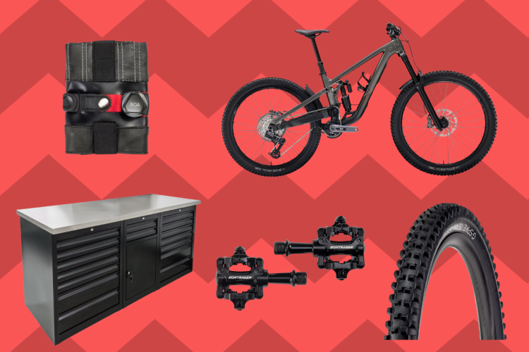 A collection of bike-related equipment on a red chevron background, featuring a mountain bike, a cycling tool holder, bike pedals, a tire, and a storage cabinet. The mountain bike is prominently displayed, highlighting its modern design and features. The tool holder is designed for easy access to tools, while the storage cabinet provides organization for bike maintenance items.