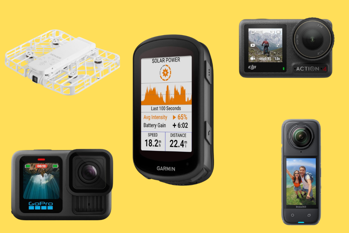 A collection of outdoor gadgets, including a mini drone, a Garmin device displaying solar power data, a GoPro camera, a DJI Action camera, and an Insta360 camera. All items are on a bright yellow background.