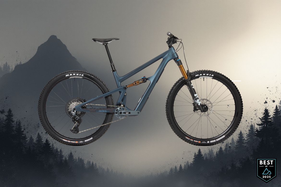 A modern mountain bike featuring a sleek blue frame, high-performance suspension, and sturdy Maxxis tires, set against a misty mountain background with trees. The design highlights the bike's advanced components, making it ideal for outdoor adventures. The image includes a "Best of 2025" badge in the corner.