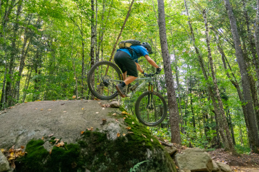 A mountain biker performs a jump off a large rock in a lush, green forest. The rider is wearing a helmet and a blue shirt, with a backpack, as they navigate the rocky terrain surrounded by tall trees and sunlight filtering through the leaves. Kingdom Trails mountain bike trail.