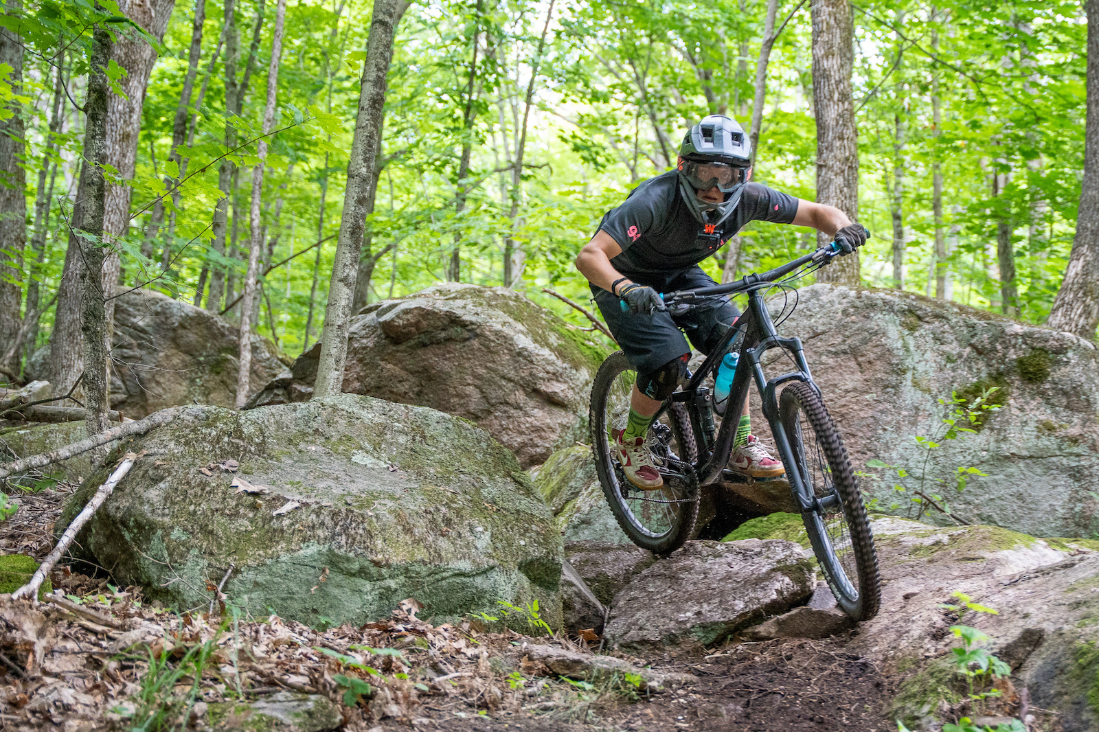 A mountain biker navigating over rocky terrain in a wooded area, surrounded by lush green trees. The cyclist is wearing a helmet and protective gear, showcasing an action shot that captures the thrill of outdoor biking. Zoro mountain bike trail.