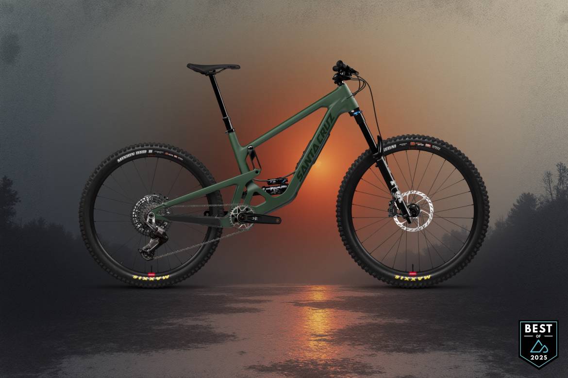 A Santa Cruz Bronson trail bike with a sleek green frame, featuring high-performance components and wide tires, set against a dramatic sunset background. The image highlights the bike's design and craftsmanship, showcasing it as an ideal choice for outdoor cycling enthusiasts.