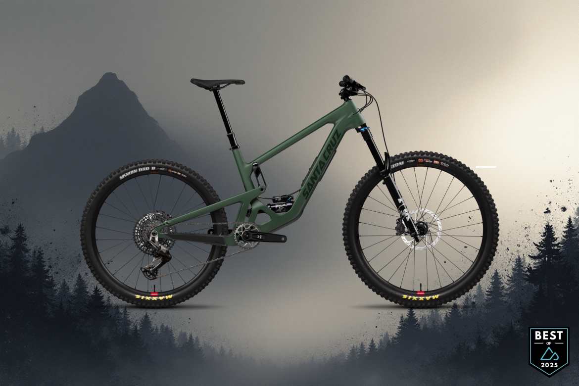 A green mountain bike positioned against a gradient background with a mountain silhouette and forest elements. The bike features a modern design suitable for off-road riding, showcasing intricate details like the suspension system and tires. A badge indicating "Best of 2025" is present in the bottom right corner.