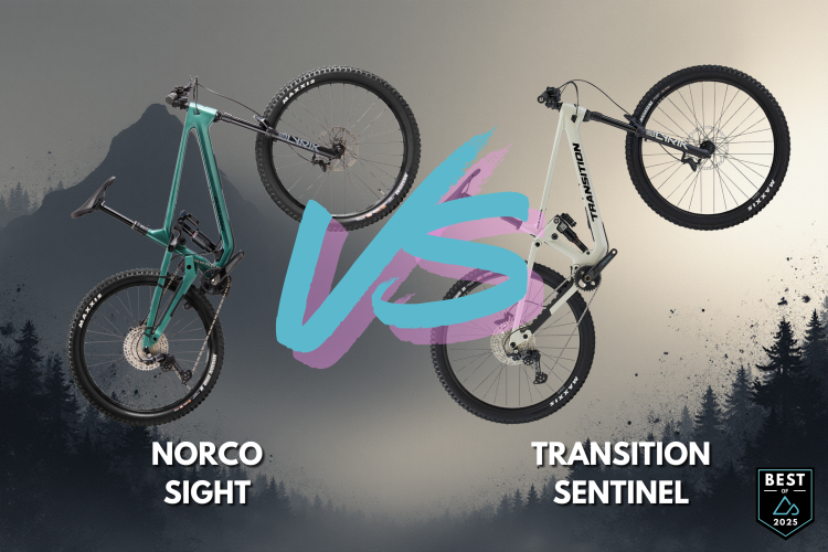 Image showing a comparison between two mountain bikes: the Norco Sight on the left, displayed in teal, and the Transition Sentinel on the right, shown in white. The bikes are positioned at an angle against a dark, mountain-themed background, with bold text indicating "VS" between them. The bottom of the image features the names of the bikes, while a badge in the corner highlights "Best of 2025."