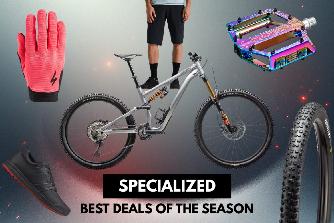 A modern mountain bike with a sleek silver frame is shown alongside vibrant pink cycling gloves, a colorful bike pedal, a black athletic shoe, and a close-up of a bicycle tire, set against a gradient background. The text highlights "Specialized" and "Best Deals of the Season."