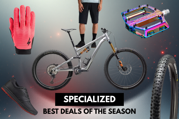 A modern mountain bike with a sleek silver frame is shown alongside vibrant pink cycling gloves, a colorful bike pedal, a black athletic shoe, and a close-up of a bicycle tire, set against a gradient background. The text highlights "Specialized" and "Best Deals of the Season."