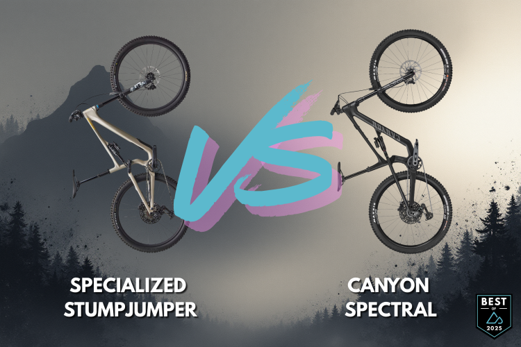 A graphic comparing two mountain bikes, the Specialized Stumpjumper and Canyon Spectral, displayed vertical and back-to-back. The background features a misty forest landscape and gradient colors, while the text "VS" is prominently highlighted in the center. The image is marked with a "Best of 2023" badge in the corner.