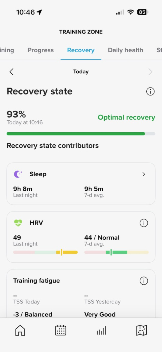 Screenshot of a fitness app displaying the recovery state feature. It shows a recovery percentage of 93% labeled as "Optimal recovery," with details on sleep duration (9 hours 8 minutes last night and 9 hours 5 minutes average over the last week), heart rate variability (HRV) of 49, and training fatigue levels. The app also indicates contributions from each category, positioned under the "Recovery" section of the training zone.