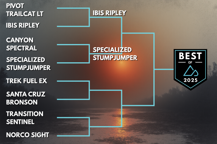 A graphic featuring a bracket-style competition titled "Best of 2025," showcasing various mountain bike models, including Pivot Trailcat LT, Ibis Ripley, Canyon Spectral, Specialized Stumpjumper, Trek Fuel EX, Santa Cruz Bronson, Transition Sentinel, and Norco Sight, with Ibis Ripley and Specialized Stumpjumper highlighted as key contenders. The background features a sunset over a tranquil body of water.