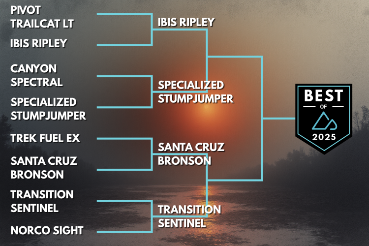 A bracket-style chart displaying various mountain bike models competing in a "Best of 2025" contest. The models listed include Pivot Trailcat LT, Ibis Ripley, Canyon Spectral, Specialized Stumpjumper, Trek Fuel Ex, Santa Cruz Bronson, Transition Sentinel, and Norco Sight. The background features a muted sunset over a body of water.