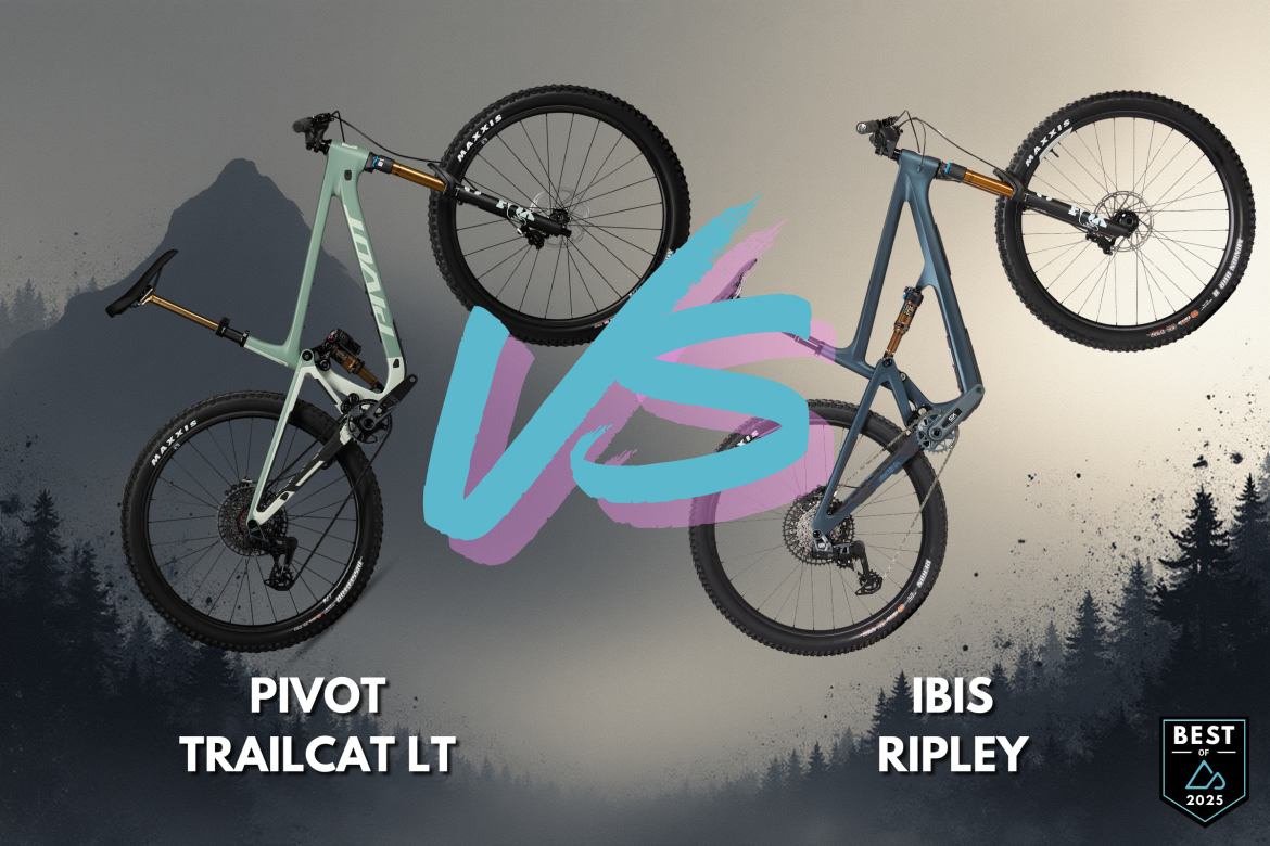 A comparison image featuring two mountain bikes: the Pivot Trailcat LT on the left and the Ibis Ripley on the right. Both bikes are showcased in a dynamic pose against a gradient background with a forest silhouette. The word "VS" is prominently displayed in the center, with the text for each bike's name clearly labeled below them. An emblem indicating "Best of 2025" is positioned in the lower right corner.