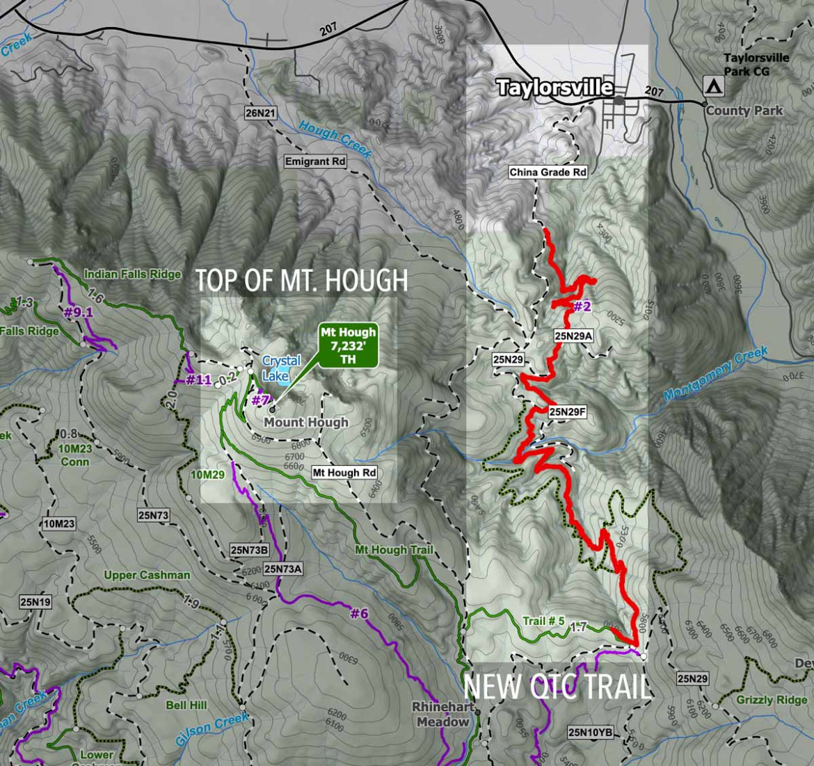 Map displaying the topographical features of Mount Hough and the surrounding area, including marked trails, elevation levels, and notable landmarks such as Crystal Lake and Taylorsville. Red lines indicate the new QTc trail, with various other trails highlighted in different colors. Elevation at Mount Hough is noted as 7,232 feet.