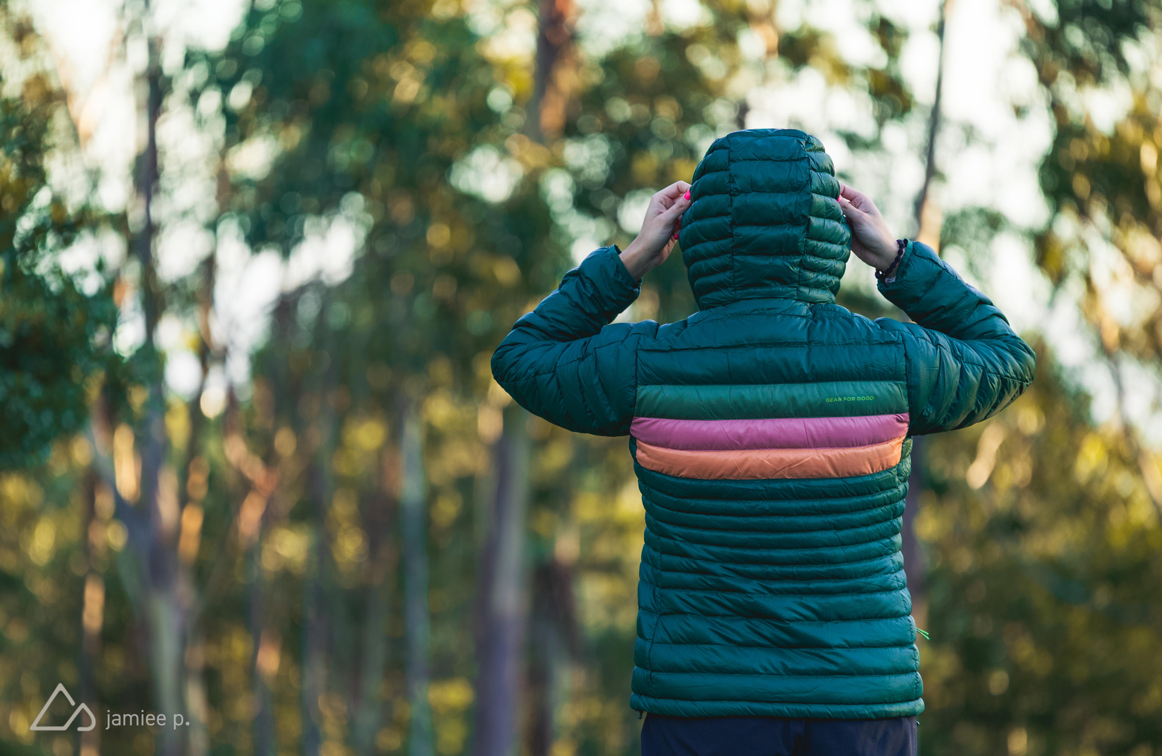 A person wearing a colorful puffer jacket stands with their back to the camera, adjusting their hood. They are surrounded by tall trees in a natural setting, with soft, blurred greenery in the background. The jacket features a green base with horizontal stripes of pink and orange. The scene suggests a peaceful outdoor atmosphere.