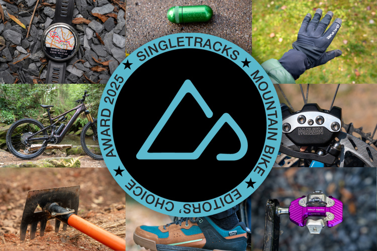 A collage showcasing various mountain biking gear and accessories, including a smartwatch displaying a trail map, a mountain bike by a stream, a green tool capsule, a pair of gloves, a rake tool, and a close-up of bike components like brakes and pedals, all framed by the Singletracks Mountain Bike Editors' Choice Award logo for 2025.
