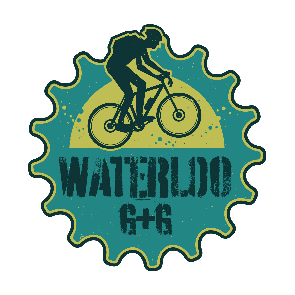 Logo featuring a silhouette of a cyclist riding a bike against a circular background with a sunburst design. The text "WATERLOO" is prominently displayed above "G+G" at the bottom, all enclosed within a gear-shaped border. The color scheme includes shades of blue and yellow, giving it a vibrant, outdoor feel.